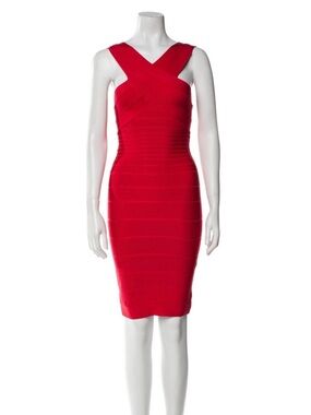 Herve Leger Red Cross-Strap Midi Bandage Dress